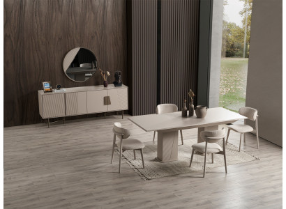 Beige Esszimmer Garnitur Holztisch 6x Polsterstühle Konsole Spiegel