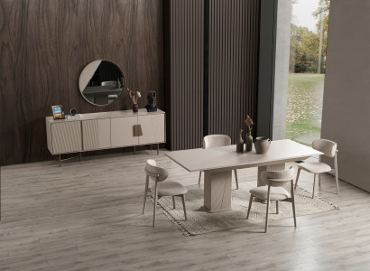 Beige Esszimmer Garnitur Holztisch 6x Polsterstühle Konsole Spiegel
