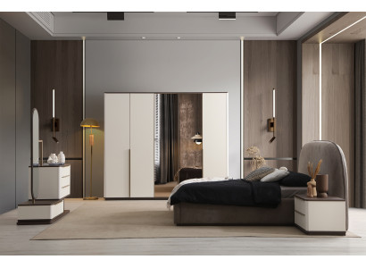 Moderne Garnitur Polsterbett Kleiderschrank Schminktisch Nachttische