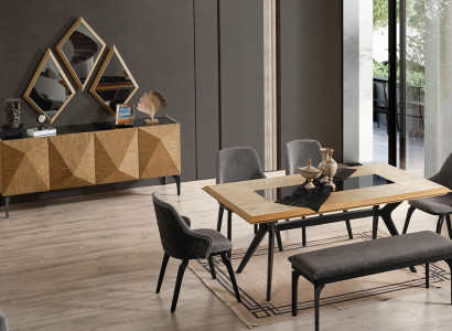 Stilvolles Möbelset Designer Holztisch 4x Polsterstühle Bank Konsole