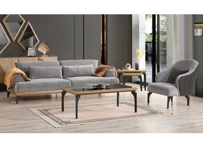 Graue Wohnzimmer Garnitur 3-Sitzer Sofa Polstersessel Couchtische