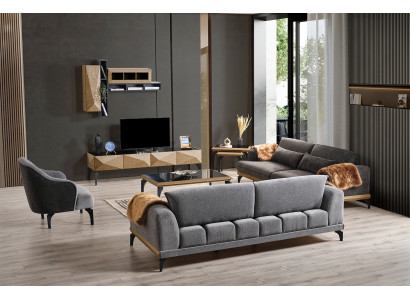 Designer Wohnzimmer Garnitur Polstercouch Textilsessel Holztisch