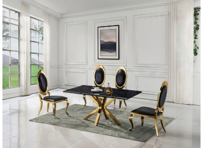 Rechteckiger Esstisch mit schwarzer Platte auf goldenem X-förmigem Gestell