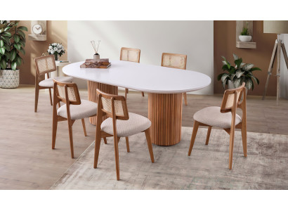 Ovaler Esstisch mit weißer Tischplatte und geriffeltem Holzfuß-Säulenfuß