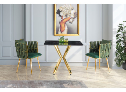 Esstisch Schwarze quadratische Platte auf einem polierten goldenen Kreuz-Fuß