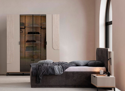 Stilvolle Schlafzimmer Garnitur Polsterbett Holzschrank Nachttisch