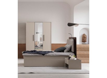 Moderne Schlafzimmer Möbel Beiges Textilbett Nachttische Holzschrank