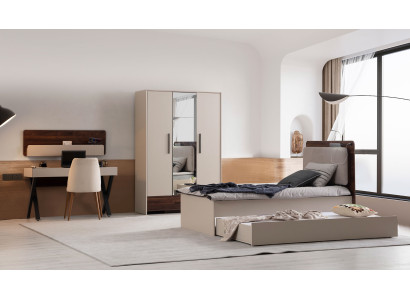 Elegante Beige Schlafzimmer Garnitur Textilbett Holztisch Schrank