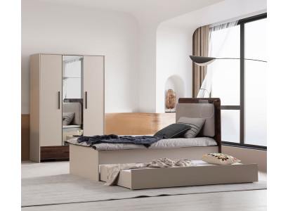 Stilvolles Beiges Schlafzimmer-Set Designer Einzelbett Holzschrank