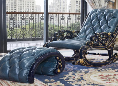 Chesterfield klassischer Schaukelstuhl mit Hocker aus Holz und Leder