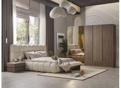 Beige Bett 2x Nachttische  Kleiderschrank Luxus Betten Design Möbel Schrank