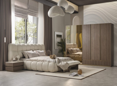 Beige Bett 2x Nachttische  Kleiderschrank Luxus Betten Design Möbel Schrank