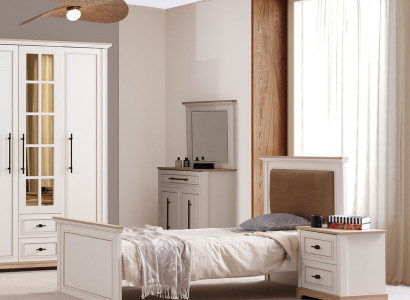 Weiße Schlafzimmergarnitur Edles Einzelbett Holzschrank Schminktisch