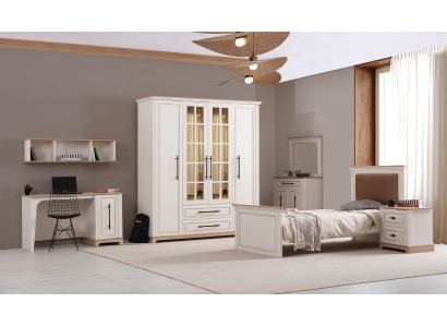 Weiße Schlafzimmer Einrichtung Textilbett Nachttische Wandschrank