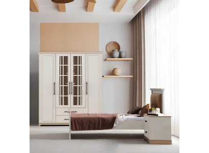 Weißes Jugendzimmer-Set Designer Bett Kleiderschrank Nachttisch