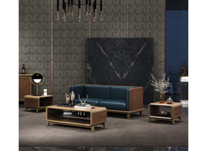 3-Sitzer Sofa in Dunkelblau mit braunem Holzrahmen – elegant und modern