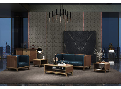 Modernes 3+1 Kunstledersofa in Dunkelblau mit braunem Holzrahmen