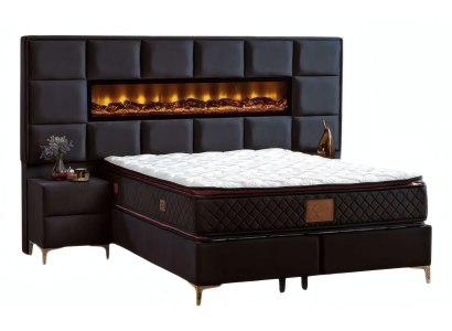 Schwarzes 3-teiliges Schlafzimmer Set mit Bett, Nachttischen und Dekokamin