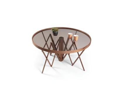 Ungewöhnlicher Couchtisch mit Glasplatte und Gestell aus X-förmigen Beinen