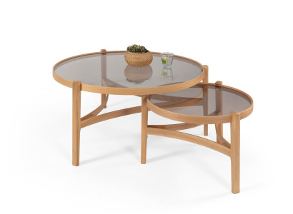 Set aus zwei Beistelltischen mit getöntem Glas und formschönem Holzgestell