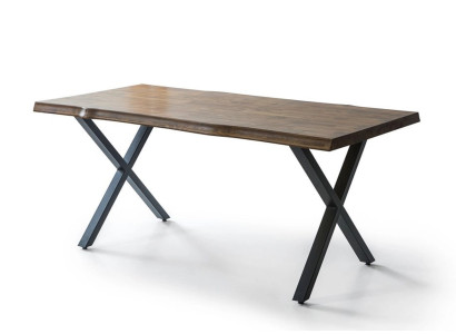 Massiver Esstisch auf X-förmigen Metallbeinen in rechteckiger Form