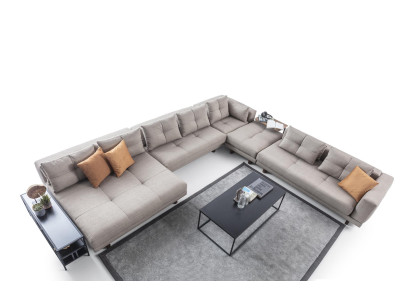 Exklusive Wohnzimmer Beige Couchgarnitur Textilsofa Holz Couchtisch