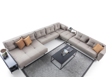 Exklusive Wohnzimmer Beige Couchgarnitur Textilsofa Holz Couchtisch