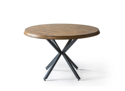 Runder Esstisch mit Holzplatte abgeschrägten Kanten und stabilem Kreuzfuß