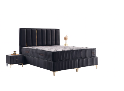 Exquisites Bett mit vertikal gestepptem Kopfteil komplett mit Nachttisch