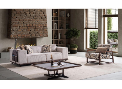 Modernes beiges 3-Sitzer-Sofa und Sessel aus hochwertigem Stoff