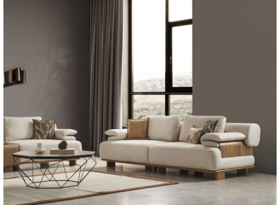 Exklusive Beige Loungecouch Designer Holzgestell Stoffsofa Möbel