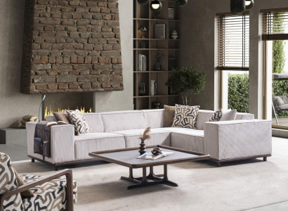 Stilvolle Sitzgarnitur Beiges Ecksofa Designer Glastisch Möbel