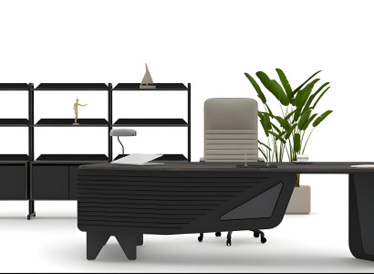 Schwarzes Büro-Set Robuster Schreibtisch Designer Regalschrank Tisch