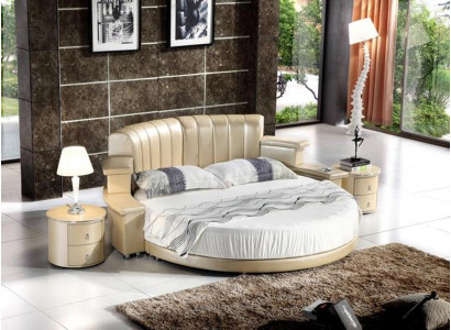 Designer Beiges Rundbett Schlafzimmer Bettgestell Modernes Lederbett