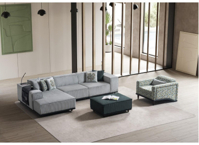 Stilvolle Garnitur Stoffsofa Designer Hocker Polstersessel 3-tlg