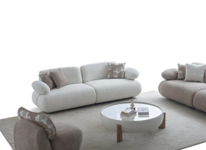 Weiße Wohnzimmer Garnitur Luxuriöser 3-Sitzer Holz Couchtisch 2tlg