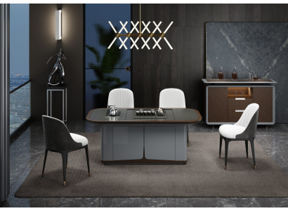 Esszimmer-Set mit grauem Esstisch und sechs weißen Stühlen