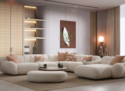 Beiges Wohnzimmer Sitzset Luxuriöses Ecksofa Hocker Beistelltisch