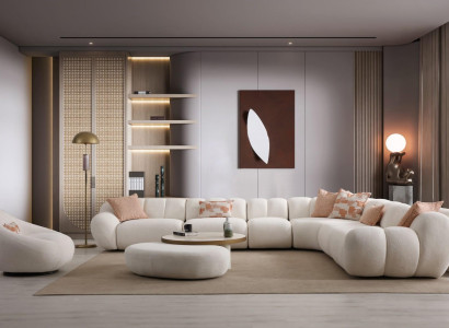 Weißes Wohnzimmer Set Designer Ecksofa Textilsessel Holz Couchtisch