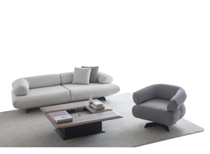 Weiß-graues Wohnzimmer Set Designer Stoffsofa Sessel Holz Couchtisch