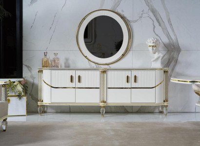 Weißes Sideboard mit Spiegel, 4 Türen, 4 Schubladen, Modern