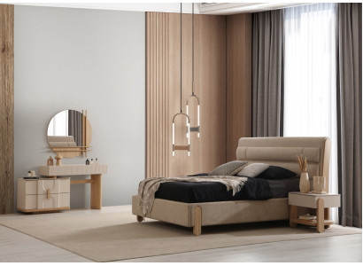 Stilvolle Beige Schlafzimmer Garnitur Polsterbett 2x Nachttische