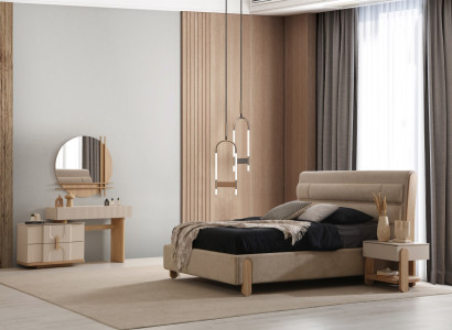Stilvolle Beige Schlafzimmer Garnitur Polsterbett 2x Nachttische
