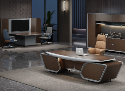 Stylisches Büro-Set Schreibtisch + Chefsessel für anspruchsvolle Räume.