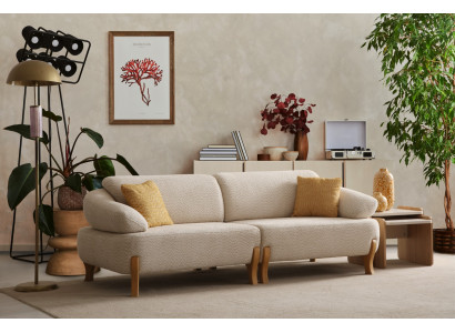 Beiger Wohnzimmer Set Designer Dreisitzer Holz Beistelltisch -2tlg