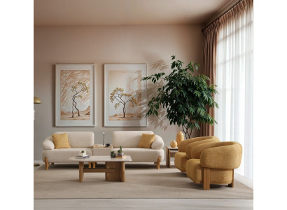 Beiges Wohnzimmer Set Designer Sofa 2x Polstersessel Holztische