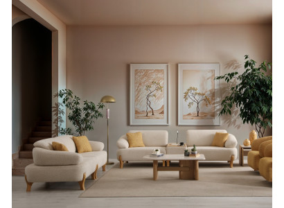 Beige Wohnzimmer Sitzgarnitur Edle Posltersofas Holz Beistelltisch