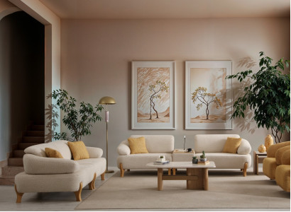 Beige Wohnzimmer Sitzgarnitur Edle Posltersofas Holz Beistelltisch