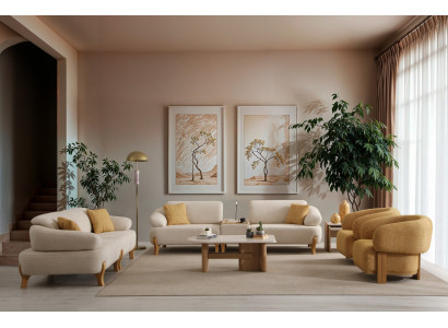 Beiges Wohnzimmer Set 2x Stoffsofas 2x Textilsessel Holz Tische