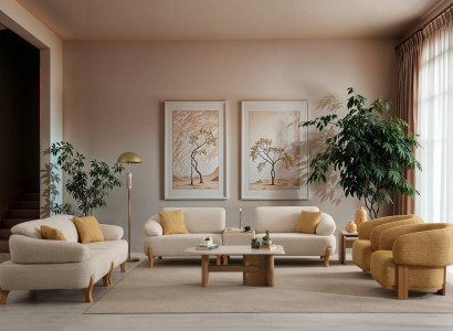 Beiges Wohnzimmer Set 2x Stoffsofas 2x Textilsessel Holz Tische